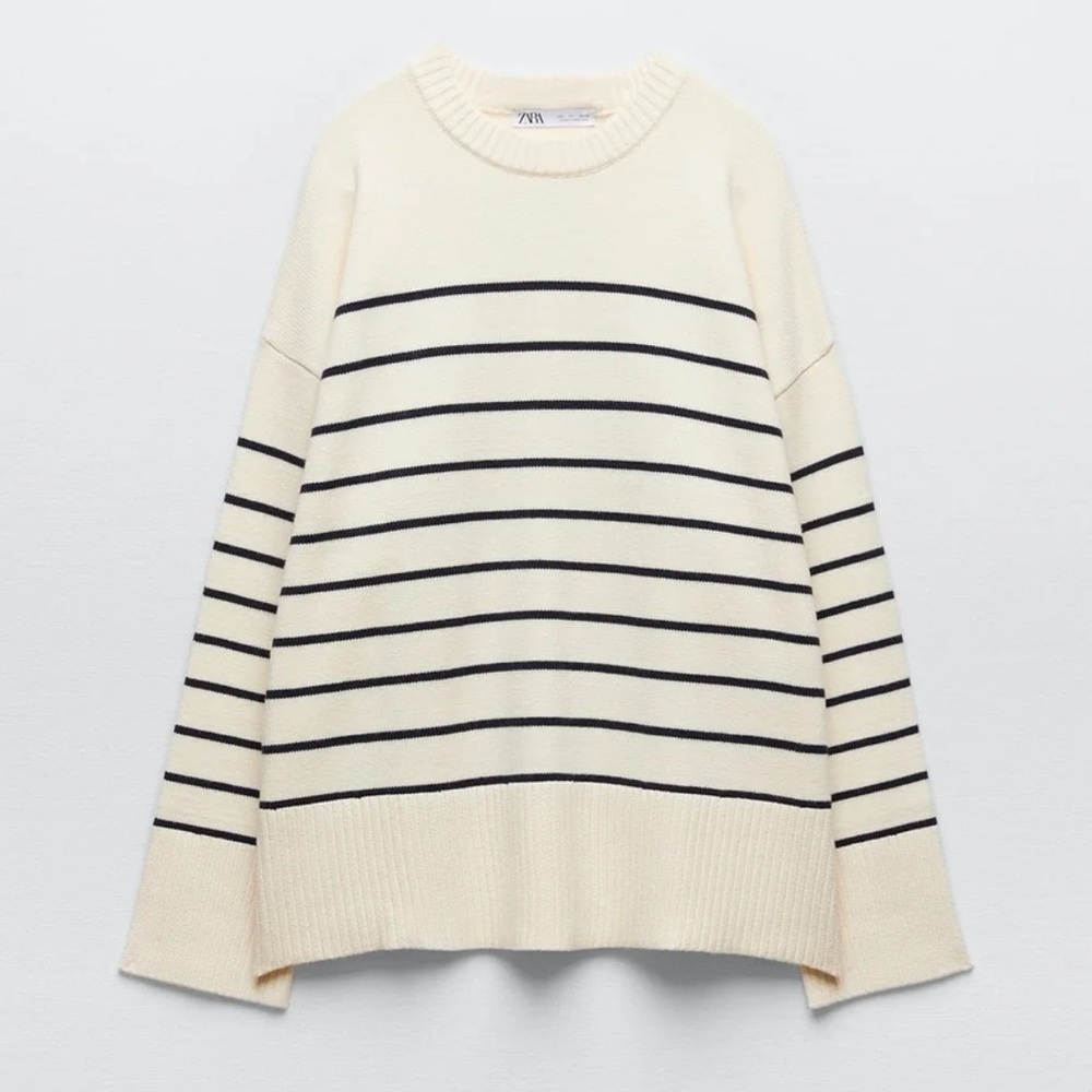 Zara Cream and Black Striped Crewneck Sweater